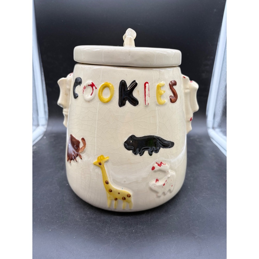Vintage Ceramic Animal Cookie Jar Cream Crazed Glaze Giraffe Relief